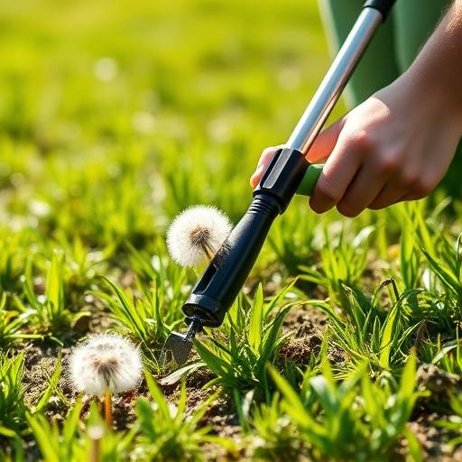 Close-up of the Weed Warrior Pro standing weed puller in action, removing a dandelion from a lawn.