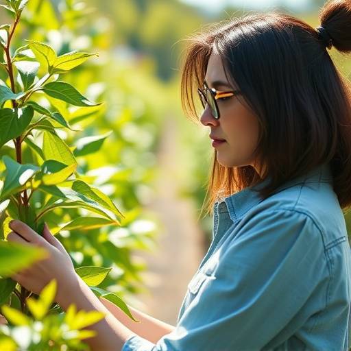 Olivia Green, Head of Product Development, looking at a plant
